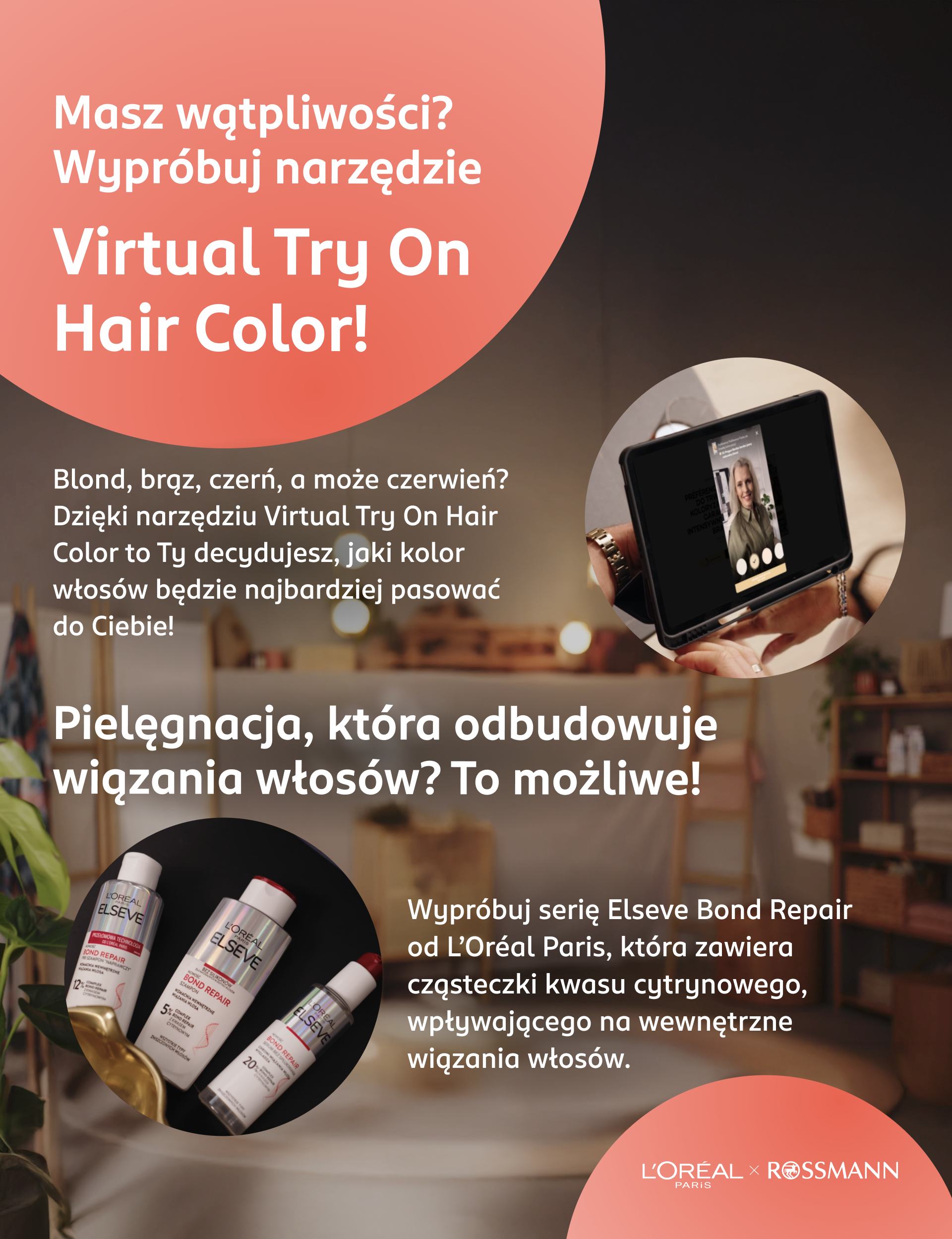Infografika zachęcająca do korzystania z narzędzia Virtual Try On Hair Color oraz serii kosmetyków pielęgnacyjnych do włosów Elseve Bond Repair marki L’Oréal Paris