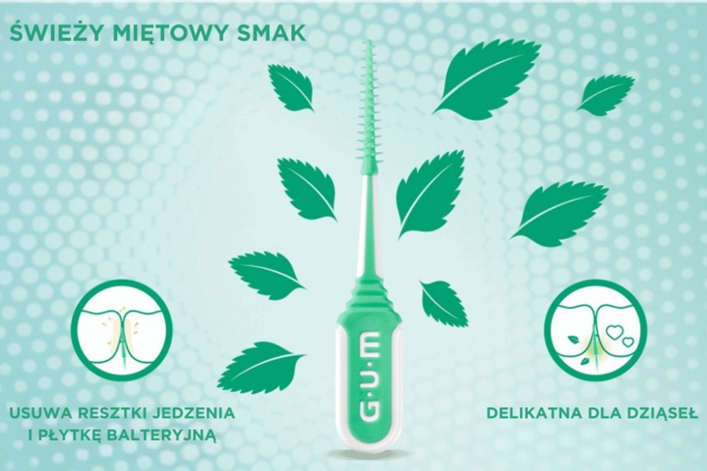 Szczoteczka GUM SOFT-PICKS MINTY na niebieskim tle z informacją, że ma miętowy smak, jest delikatna dla dziąseł i usuwa resztki jedzenia.