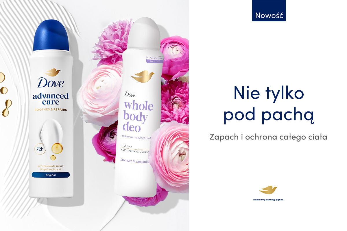 Grafika promująca produkty Dove: dezodorant Dove Advanced Care oraz Dove Whole Body Deo na tle różowych kwiatów.