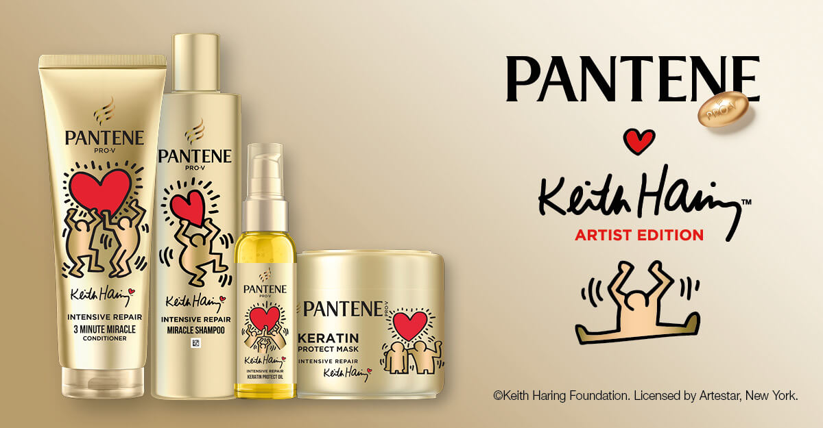 banner prezentujący produkty do włosów marki Pantene x Keith Haring