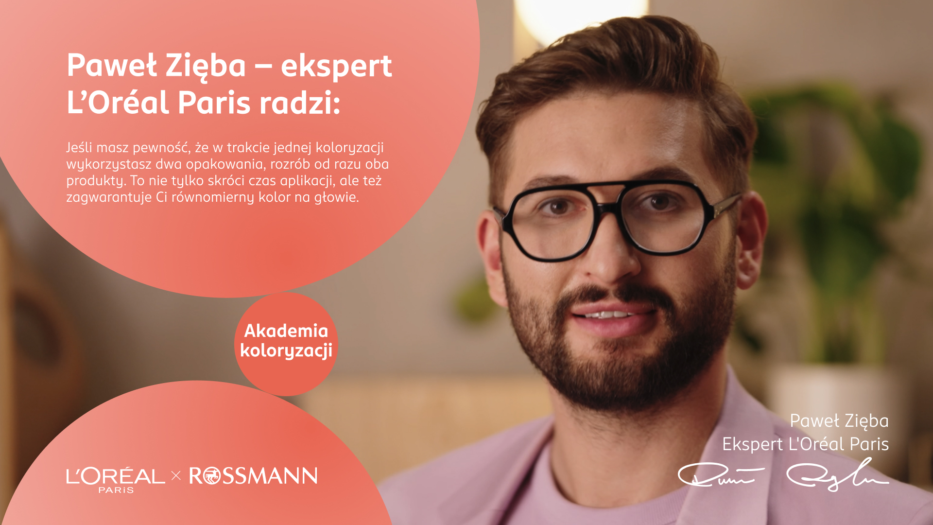 Grafika z Pawłem Ziębą, ekspertem L'Oréal Paris, na której znajduje się porada dotycząca farbowania długich włosów.