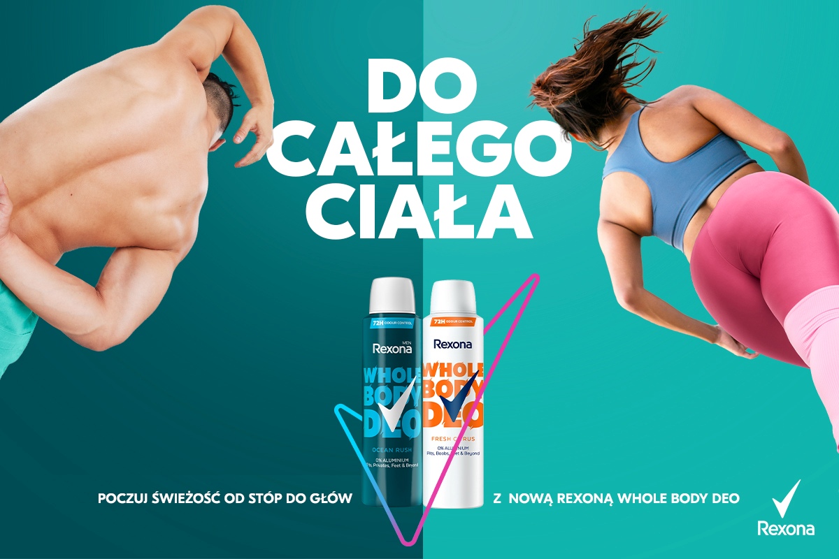Dezodoranty Rexona Whole Body Deo z hasłem Do całego ciała, pokazująca dwie osoby w ruchu