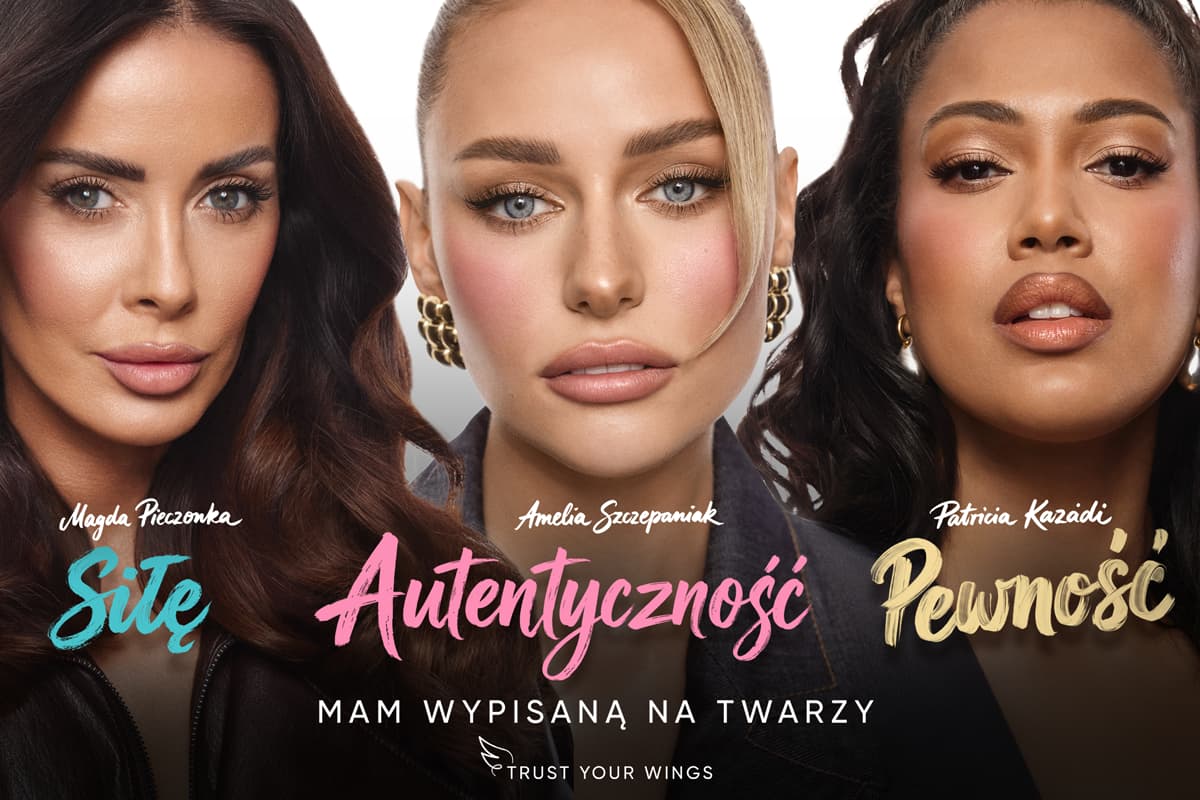 Trzy kobiety prezentują makijaż twarzy z podkreślonymi oczami, ustami i cerą na jasnym tle.