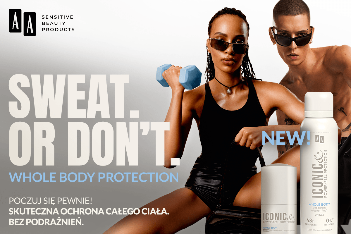 Reklama AA Iconic Whole Body Protection z dwojgiem modeli, hasłem SWEAT. OR DON’T. i opakowaniami dezodorantu po prawej.