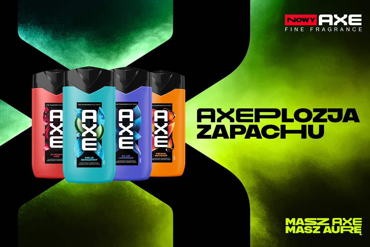 Cztery żele pod prysznic AXE Fine Fragrance w różnych wariantach zapachowych na zielono-czarnym tle