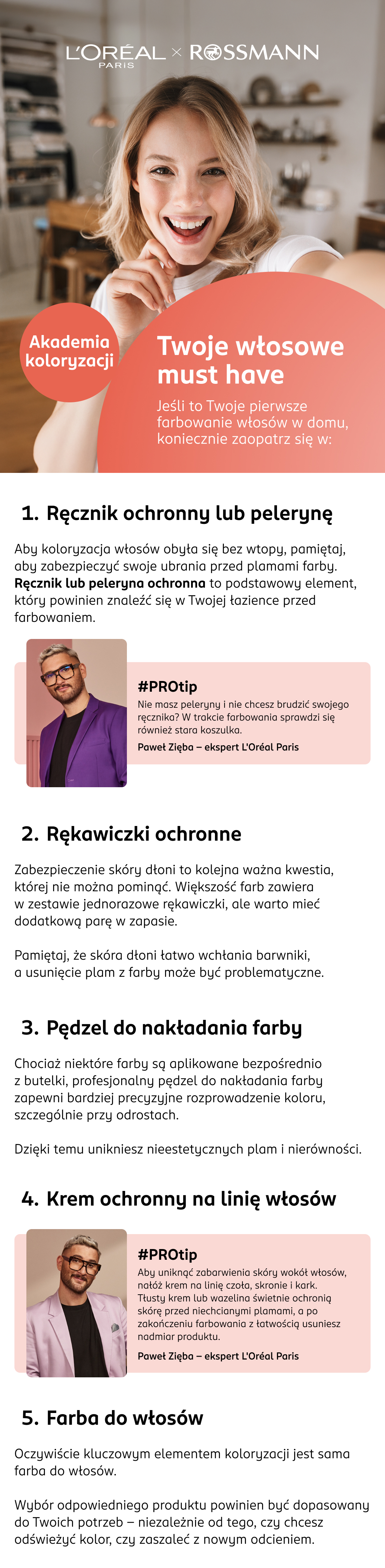 Długa infografika ALT : Infografika Akademii Koloryzacji dotycząca włosowego must have przed pierwszym farbowaniem.