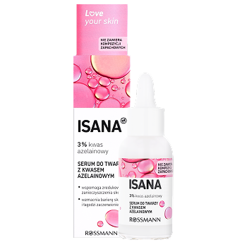 Opakowanie Isana Love Your Skin serum do twarzy z kwasem azelainowym